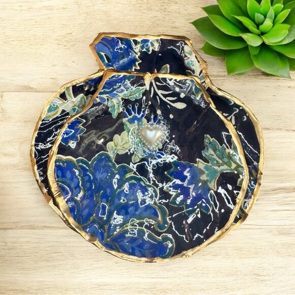 Set 2 Hand Made Decoupage Scallop Shell Trinket Dishes Blue Floral Pearl - Picture 2 of 6